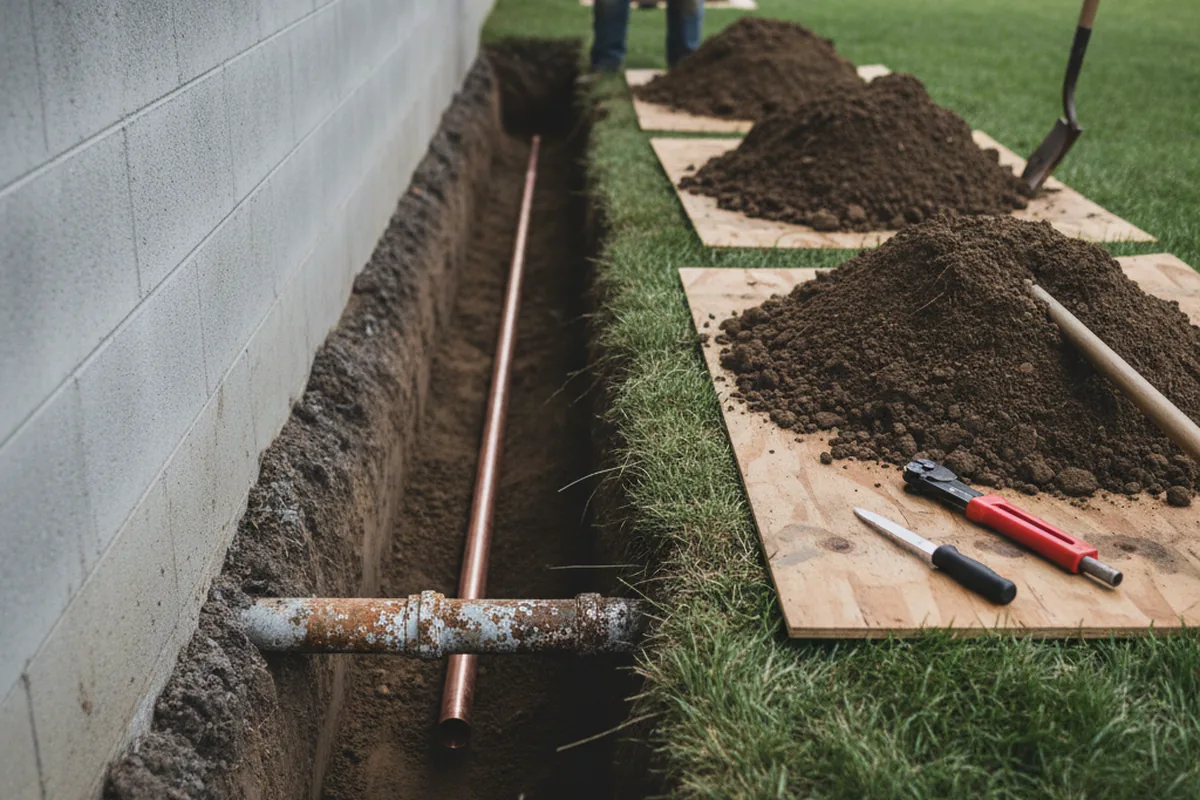 Excavated water line trench during Water Heater Repair in Sequim